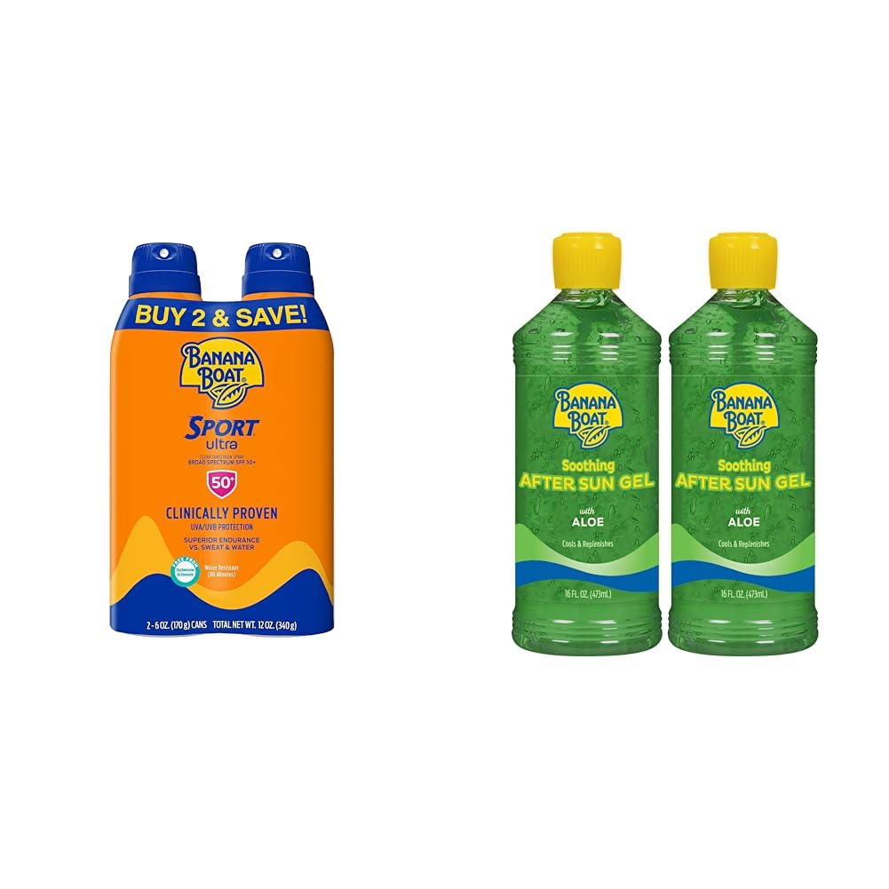 Banana Boat Sport Ultra SPF 50 Sunscreen Spray Soothing After Sun Gel with Aloe Twin Packs