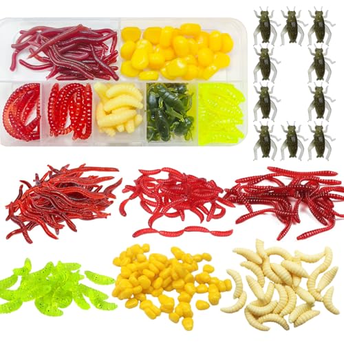 285 Señuelos Pesca de Imitación Suave, con Estuche de Almacenamiento, Realista y Natural Pesca Accesorios, con Gusanos de Pan, Lombrices de Tierra y Grillos, para la Pesca de Agua Dulce Agua Salada