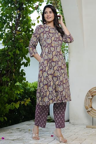 Image of MIRCHI FASHION Women's A-Line Cotton Kantha Work Floral Printed Kurta Set with Trouser