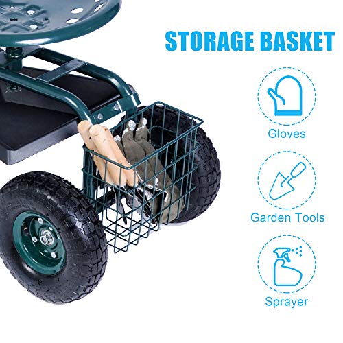 Dporticus Rolling Garden Steerable Tool Cart Scooter With Extendable Steer Handle,360 Swivel Seat And Tool Storage Basket, Green #TOP4