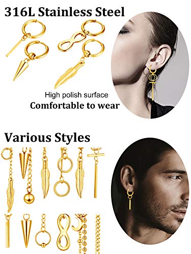 Hicarer 12 Pieces Hoop Dangling Feather Earrings for Men Stainless Steel Hinged Pendant Earrings Male Long Chain3