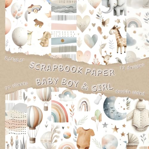 Scrapbook Paper Baby Gender Neutral in Soft Watercolors: Double sided baby gender neutral themed scrapbook paper with 12 designs and 24 sheets. Size 8.5” x...