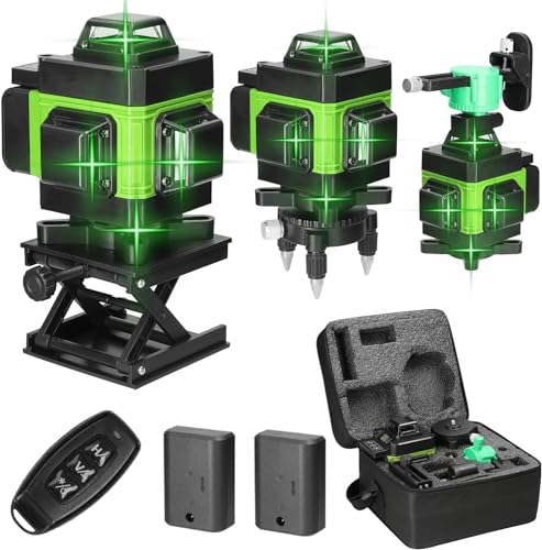 Nivel Laser Autonivelante 4 x 360 °, Laser Verde 16 Líneas, 2 x 360 Horizontal y 2 x 360 Verticales, 2 Batería, Nivelación Automática, Soporte Giratorio, Mando a Distancia,