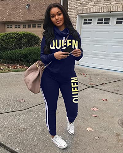 Women 2 Piece Jogging Suits Letter Print Tracksuit Outfits Long Sleeve Pullover Tops and Pants Sets Navy Blue S - Thumbnail 2