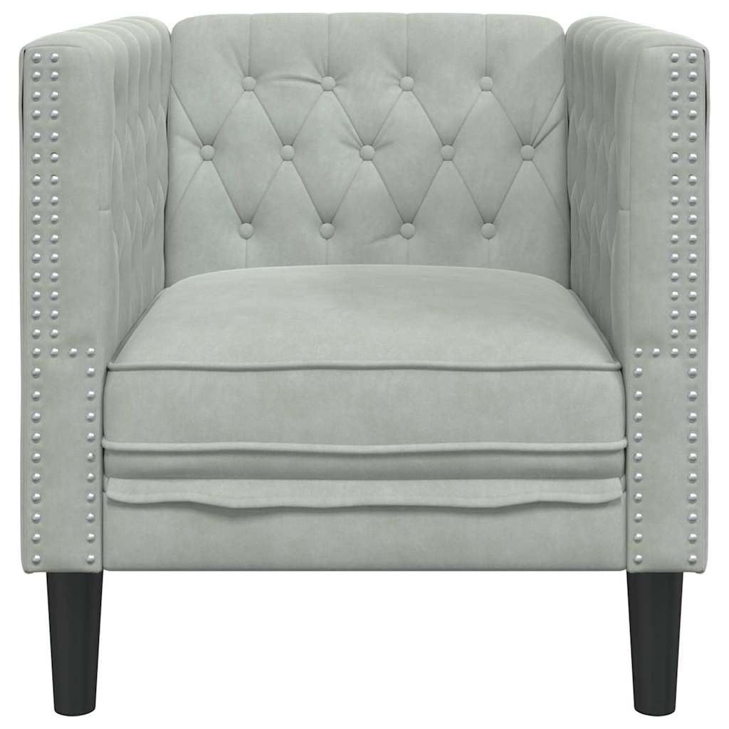 Divano in velluto grigio chiaro 74,5 x 71 x 70,5 cm con rivestimento a bottoni e braccioli rotondi per soggiorno, salotto, camera, ufficio, arredamento relax e comfort