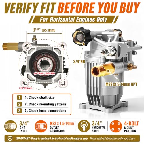 Image of 3000PSI Pressure Washer Pump 3 /4 inch Shaft, Horizontal Power Washer Pump | Replacement Power Washer Pumps for Power Washer, Compatible with Simpson, Dewalt, Westinghouse, Ryobi More Gas Washer