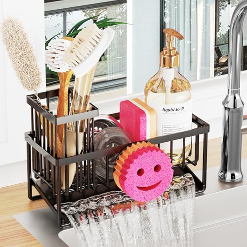 Taugast Sponge Holder for Kitchen Sink Smiley Face Sink Caddy with Removable Brush Holder Self-Draining Sponge Caddy for Sponge Soap Dish Brush Scrubber Kitchen Essentials and Gadgets