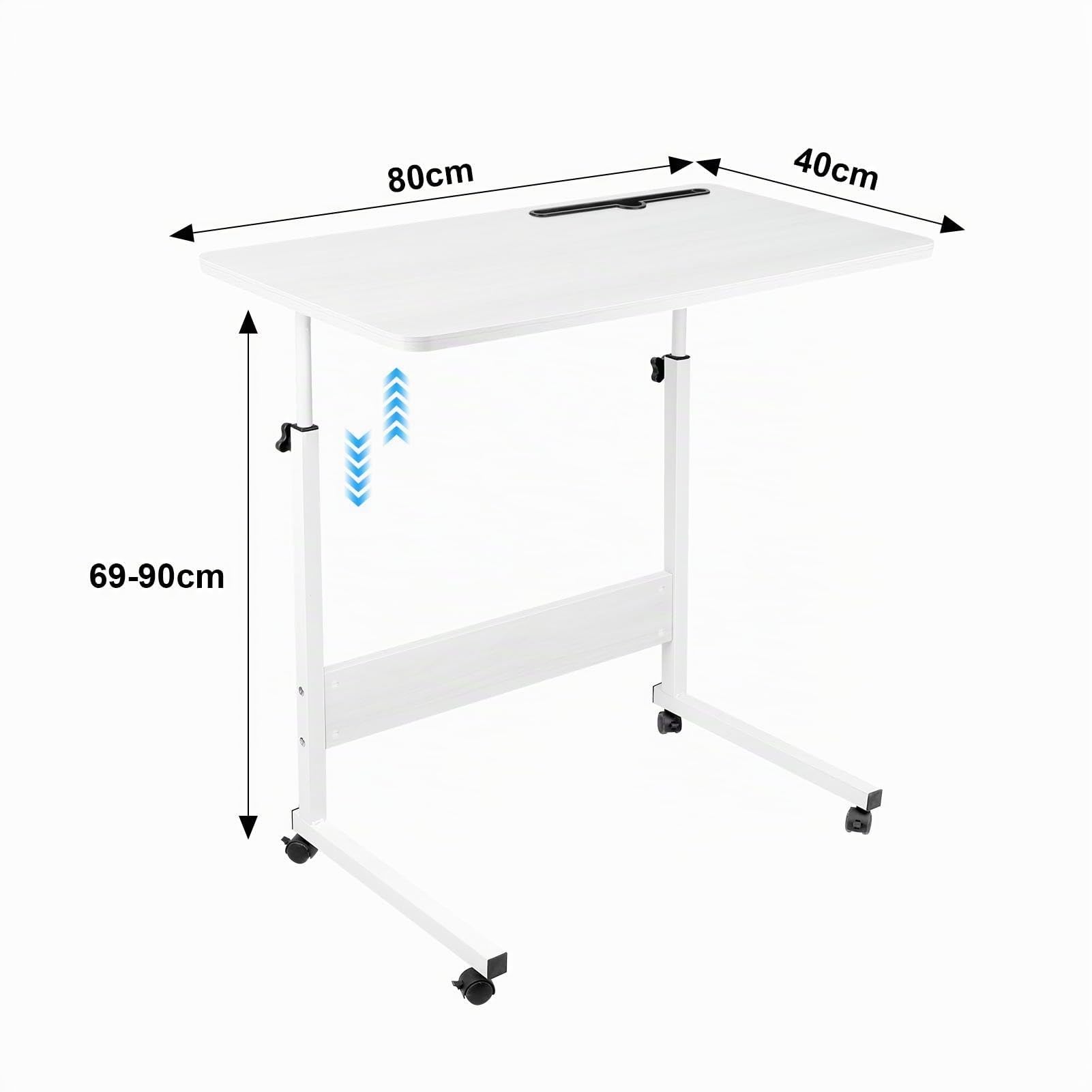 Scrivania Mobile con Ruote per Computer, Regolabile in Altezza, Tavolino da Letto con Slot per Schede, 80x40x69-90cm