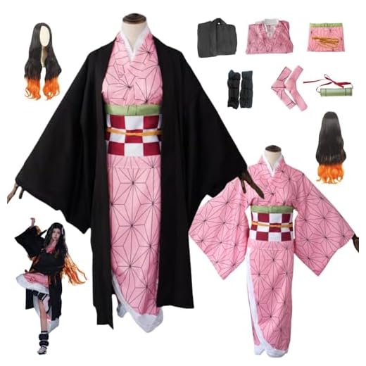 ZYJKGL Anime Cosplay Kamado Nezuko Uniforme Disfraz Conjunto Completo con Peluca – Festa de Halloween Navidad y Exposición de Cómics Conjunto Completo de Disfraz para Adultos