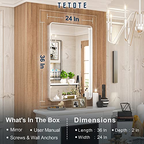 Tetote 24X36 Inch Vanity Mirror, Silver Trimmed Wall Mounted Mirrors, Brushed Nickel Rectangle Modern Metal Framed Mirror For Bathroom (Horizontal/Vertical) #TOP5