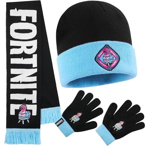 Fortnite Beanie Winter Accessories Set Boys & Teens, 3pcs Hat Scarf & Gloves, Warm Knit for School Travel Days Out, Gamer Gifts