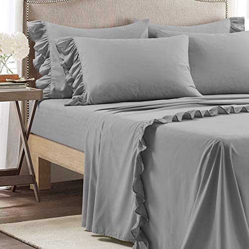 Image of Lush Decor Reyna Ruffle Sheet Set, 6 Piece Set, Queen, Dark Gray - Soft & Comfortable Sheets With Ruffles - Classic Elegant Bed Sheet Set - Traditional, Modern Farmhouse, Glam, & Cottage Bedroom Decor