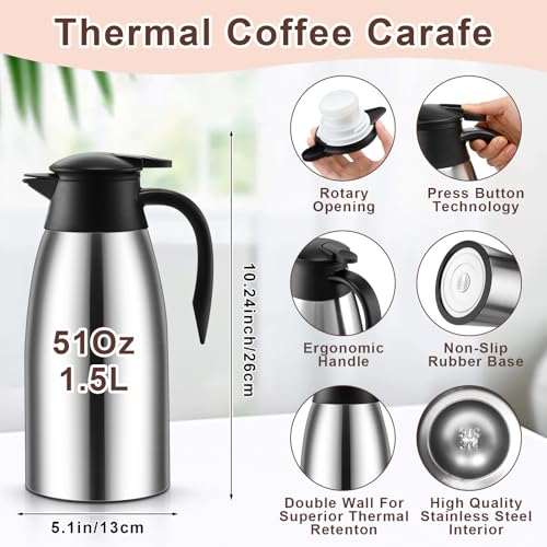 Image of Norme 2 Pcs Thermal Coffee Carafe Insulated Stainless Steel Coffee Carafe for Hot Liquid Vacuum Thermal Pot Creamer Pitcher Dispenser with Brushes Keeping Hot Water Milk(Silver,51 oz)