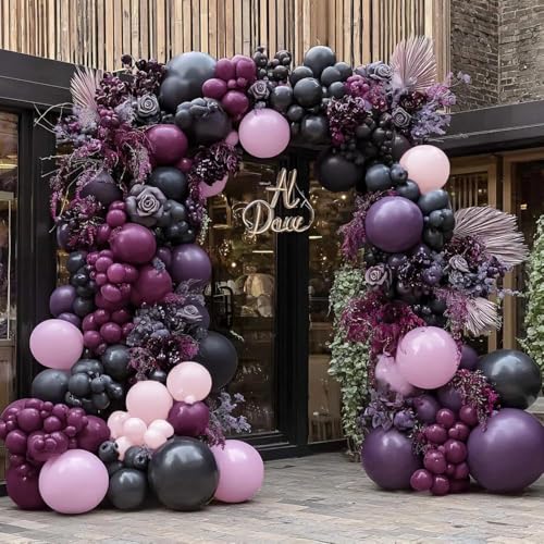 Image of Black Pink Purple Balloons Double Stuffed Dark Plum Mauve Pink Pastel Lavender Lilac Balloon Garland Arch Kit for Wednesday Addams Halloween Birthday Baby Shower Wedding Goth Party Decorations