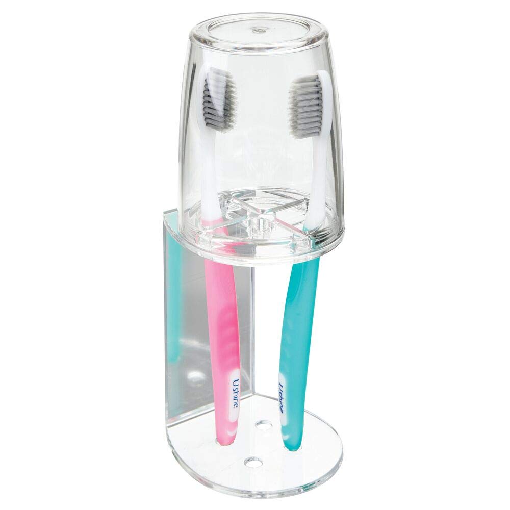 mDesignToothbrush Holder with Cup – Toothbrush Cup with Lid for Bathroom – Sealable Plastic Holder for Toothbrushes – Clear