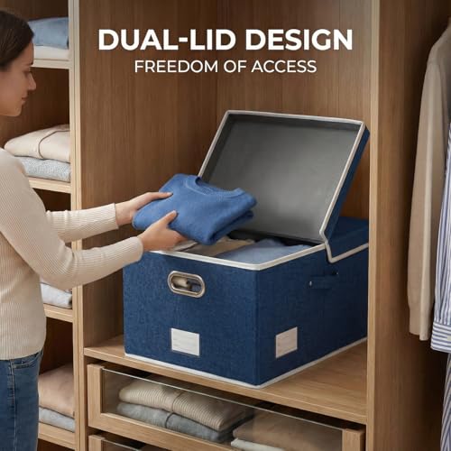 Image of PRANDOM Storage Bins with Lids [3-Pack] Linen Fabric Foldable Storage Boxes Organizer Containers Baskets Cube with Cover for Bedroom Closet Office Royal Blue(23.4X15.9X11.4)