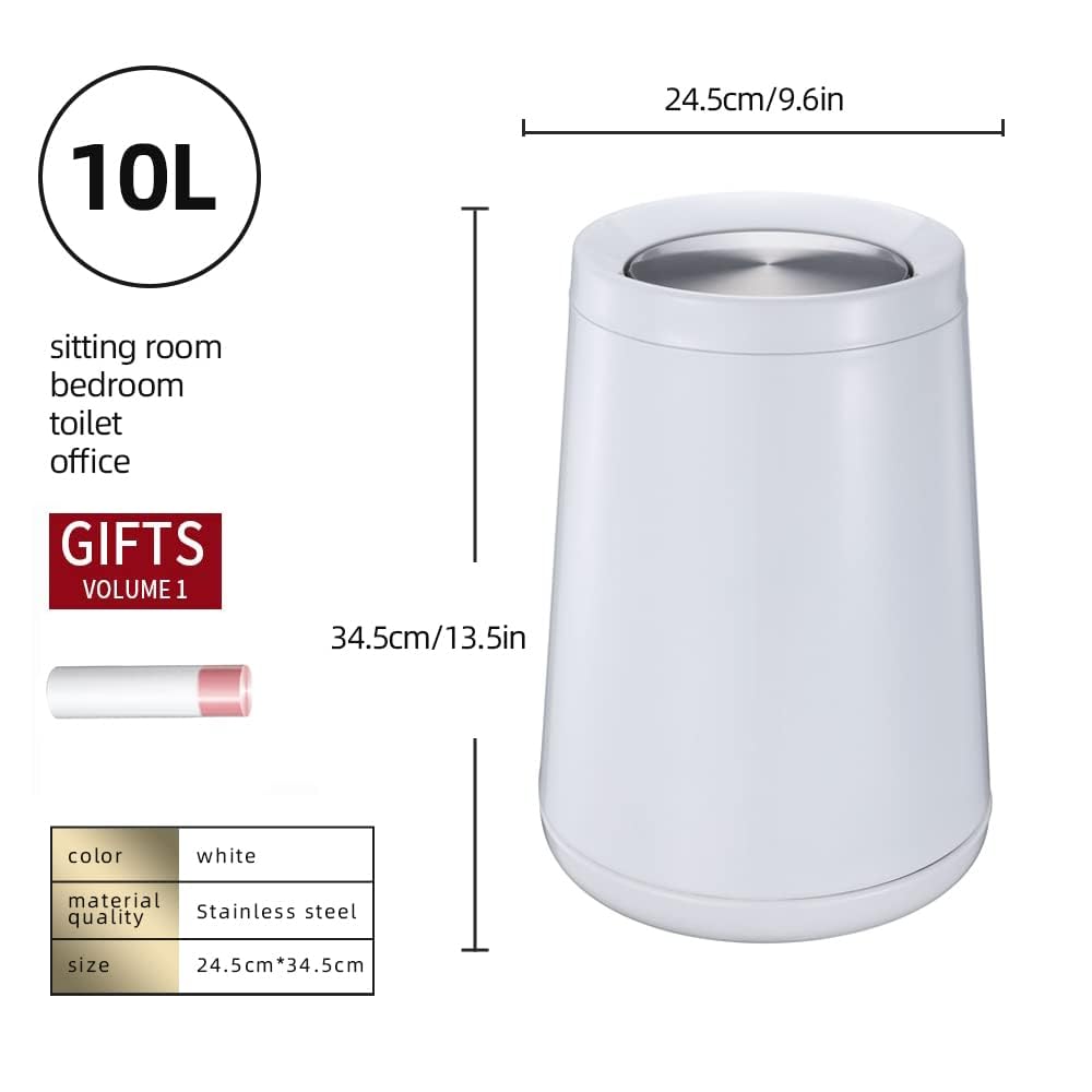 YOJIA 2.6 Gallon Bedroom Trash Can with tainless Steel Lid,Business Trash Bin?Elegant Garbage Can,White Waste Basket? for Bathroom itchen Living Room Office Hotel Cafe