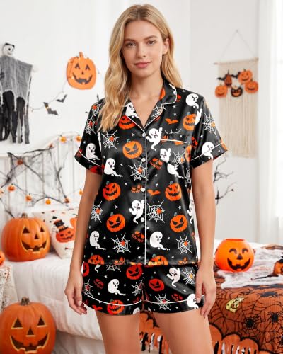 Image of Womens Silky Pajama Sets Short Sleeve Loungewear 2 Pcs Satin Soft Pj Sets Button Down Women's Summer Sleepwear