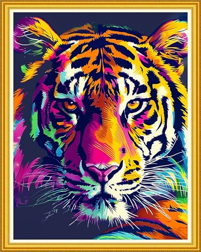 Image of Magxvouy Cross Stitch Kits Stamped Full Range of Embroidery Kits,Cross Stitch Patterns Needlework Kits for Beginners 11CT Printed Kits&Colorful Tiger 16x20 inch