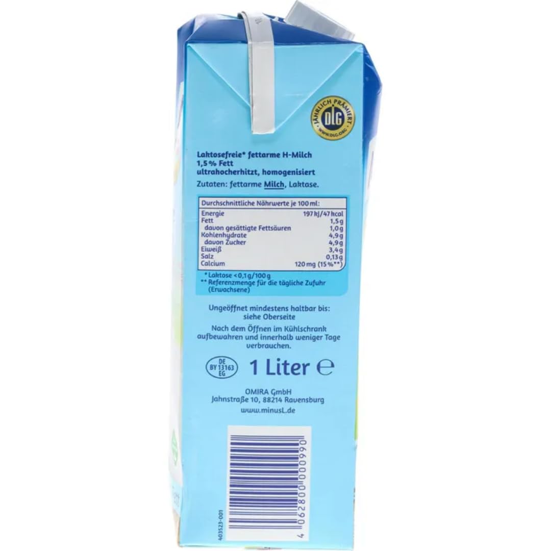 MinusL Milch Laktosefreie H-Milch 1,5% Fett Haltbare Milch, je 1 Liter, 50 Stück+ pufai