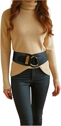 Miniatura 4 de TFJ - Cinturón ancho de moda para mujer con cintura alta hebilla de gancho de metal dorado talla XS S M L Xl