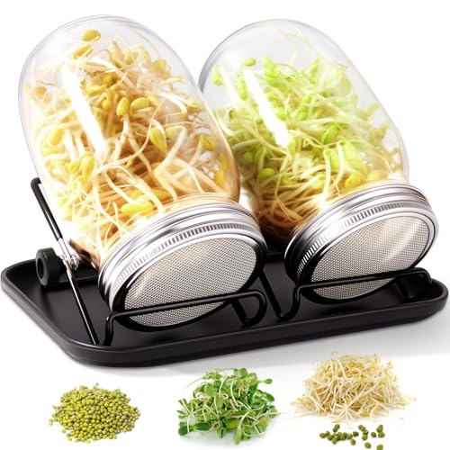FoiiLiio Kit de Germinador de Semillas, 2 x 1000ml Frascos de Germinación, Incluye 2 Tapas de Colador de Acero Inoxidable, 2 Soportes, 1 Negro Bandeja, Conjunto de Germinador