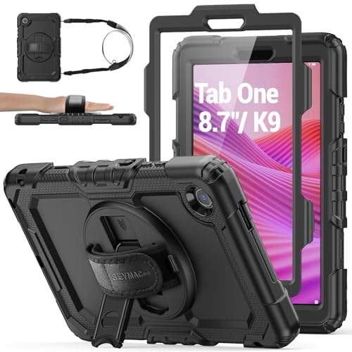 SEYMAC stock Tablet Case for Lenovo Tab One / K9 (TB305FU) 8.7 inch Drop-Proof Protection Cover with 360 Rotate Stand & Strap [Pen Holder] & Screen Protector 2025 Black