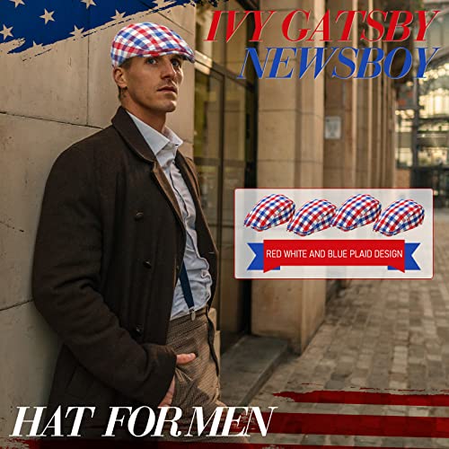4 Pieces Men's Flat Cap Gatsby Newsboy Hat Driving Cabbie Hunting Cap (Red White And Blue Plaid) #TOP2