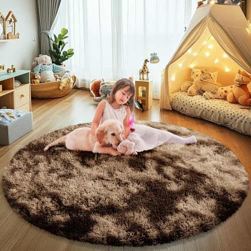 Fluffy Round Rug,Soft Area Rugs for Girls Room,Shaggy Rugs 5'X5' for Living Room,Non Slip Circle Rug for Kids Bedroom,Shag Plush Nursery Carpets,Fuzzy Rug for Dorm,Room Decor Carpet,Tie-Dyed Coffee