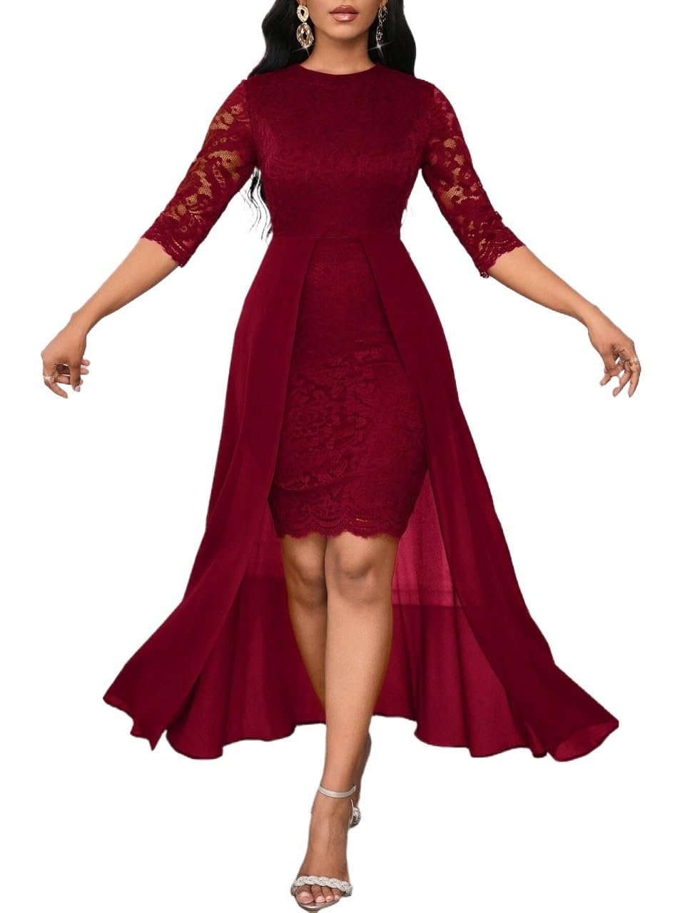 Womens short sleeve dress Dress Elegant BlueLaceRound NeckAsymmetrical Flowy