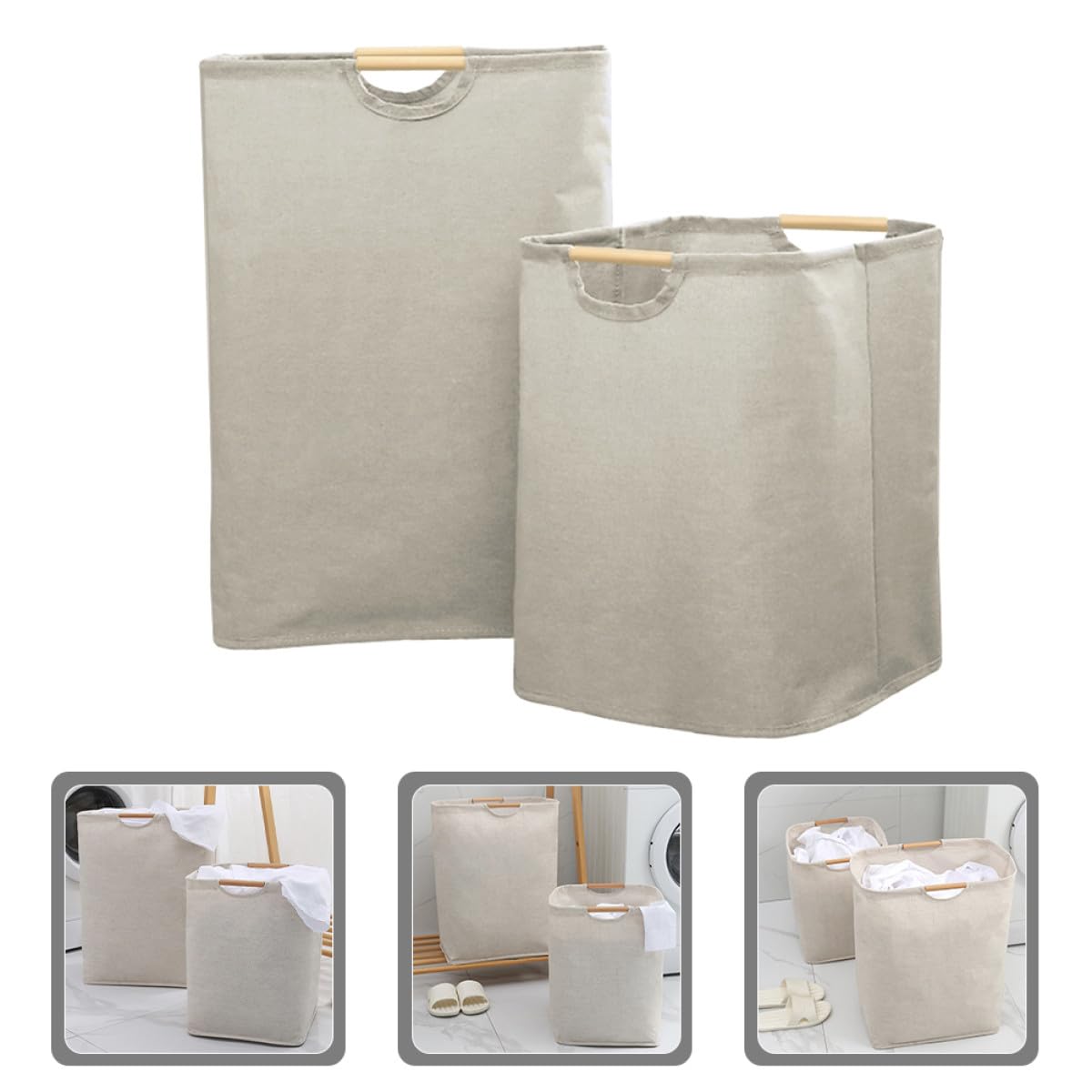 Faltbarer Wäschekorb mit Holzgriff 2 Stück in Beige, 60l 36l
