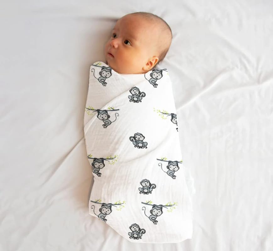 Image of Muslin Baby Swaddle Set, Printed Muslin Swaddle Wrap for New Born Baby Pack of 3 Baby Bath Towel 120 cm X 120 cm - Grey Polka, Zigzag & Monkey