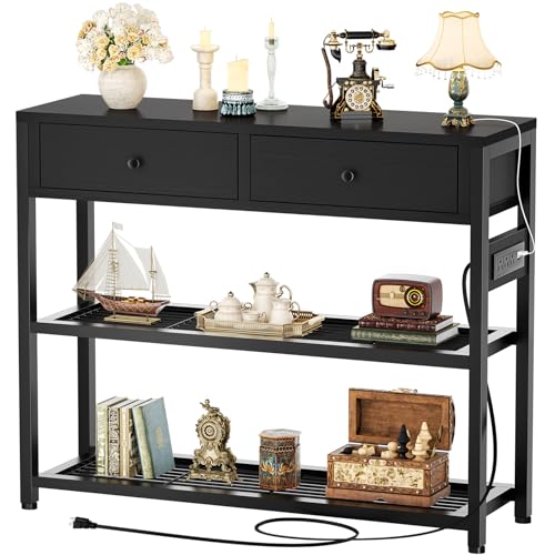 Ecoprsio Entryway Table with Outlets and USB Ports, Console Table with 2 Drawers, Small Sofa Table with Storage Shelves for Living Room, Couch, Hallway, Foyer, Kitchen Counter, 32'', Black
