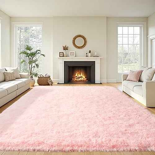 Terrug Pink Navy Fluffy Area Rug for Living Room, 6x9 Ft Tie-Dyed Shag Throw Rugs, Soft Machine Washable Plush Carpet with Non Slip Backing for Girls Kids Room Bedroom Floor Decoration