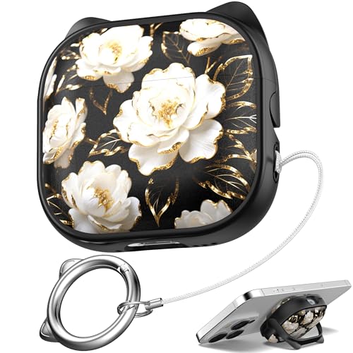 Image of for AirPods 4 Case with Cleaning Kit, Cute Cat Ear Print Design & Cute Buckle, Inverted Phone Holder Design, Top Safe Lock Buckle Design, for Girls AirPods 4 case 2024, Black Peony