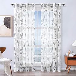 Cortinas Estampadas Flores MRTREES Cortina Salon 2 Piezas Cortinas Habitacion Blancas Estampadas Flores Grises con Ojales Lino Efecto 140 x 225 cm Visillos Largos Translucidos para Ventanas Salón Moderno Dormitorio Juvenil