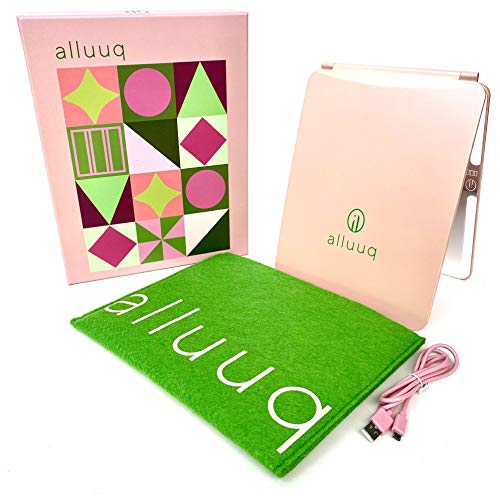 alluuq,Travel Mirror, Lighted Makeup Mirror with 3 Color Light, USB Rechargeable Battery, LED Mirror with Lights, Pink, Desk Mirror Office, Travel, Portable Vanity Make Up Mirror, Fold, Beauty