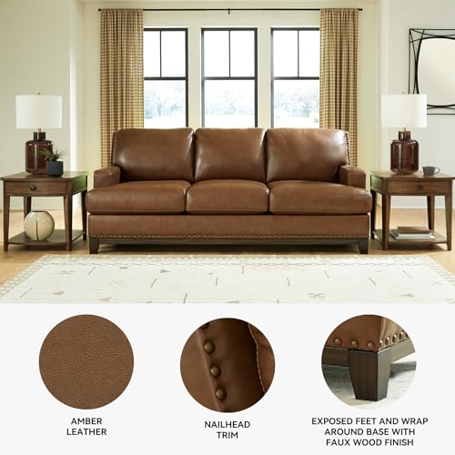 Image of Signature Design by Ashley Leather Couch, 90 in, Amber Brown, Brendola | Premium top grain leather, Matching faux exterior, Anti-sag platform foundation, Nailhead trim, No assembly required
