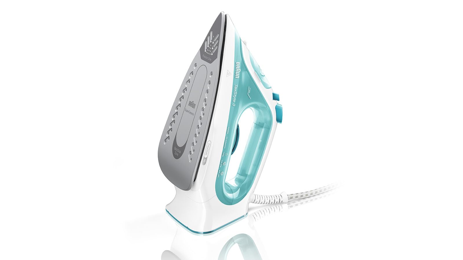Braun TexStyle3 SI3041GR Ferro da Stiro a Vapore con 5 Anni di Assistenza, Piastra in Ceramica, Stiratura in Verticale, Punta di Precisione, Getto di Vapore 150g/min, Potenza 2350watt, Bianco/Celeste