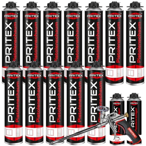 PRITEX Bauschaum MEGA Set aus 12 x 750 ml Pistolenschaum Inkl. 2 x Pistolenreiniger 500 ml und Schaumpistole Montageschaum zum Verfüllen Dämmen & Abdichten
