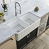 Double Bowl Kitchen Sinks, DeerValley DV-1K503 Nova 33" L x 18" W Fireclay Farmhouse Sink, Reversible Apron Front White Kitchen Sinks