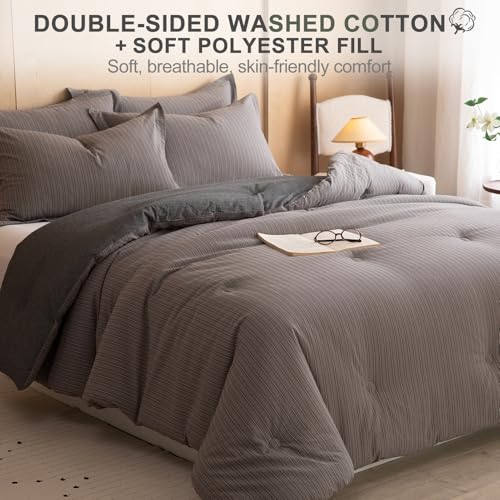 Image of 100% Cotton Comforter Set Queen Size - Reversible Yarn-Dyed Stripe Design, Soft Washed Cotton on Both Sides, Lightweight All-Season Bedding, Machine Washable(Dark Grey Stripe, 90 inchx90 inch)