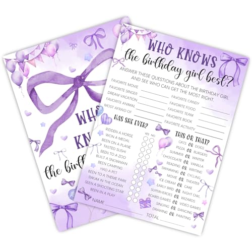 Image of Who Knows The Birthday Best - Purple Party Games Card Set - Purple Bow Themed Sleepover Slumber Party Supplies - Birthday Night Games Creative Idea - 20 Game Cards
