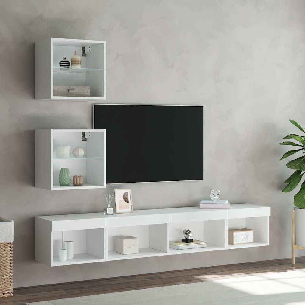 Biały zestaw mebli TV z oświetleniem LED RGB, 5-częściowy, ścienny, z płyty drewnopochodnej odpornej na wilgoć, zapewnia dużo miejsca do przechowywania książek i sprzętu