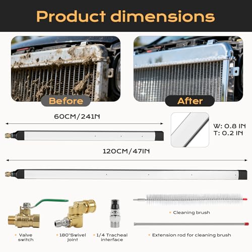 Image of 47 inch & 24 inch radiator air cleaning wand, Cleaning Wand Set, 2PCS | 4 Precision 25 Fan Nozzles, Water & Air Dual-Use, 4500 PSI Pressure, Stainless Steel Washer Tool