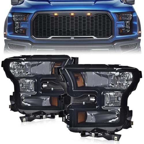 ANDPLAY Front Headlights Assembly Headlamps Pair Fit Ford F150 2015 2016 2017 (Not Fit Models with LED or HID Headlights) Smoky Lens Black Houing Amber Reflector FO2502344