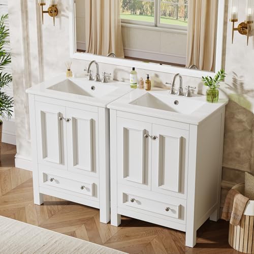 Image of Tribesigns 24 inch Modern Bathroom Vanity with Sink, Freestanding Bathroom Vanities Cabinet with Ceramic Basin Combo, Bathroom Sink Cabinet with 2 Doors and 1 Drawer, Solid Wooden Frame, White
