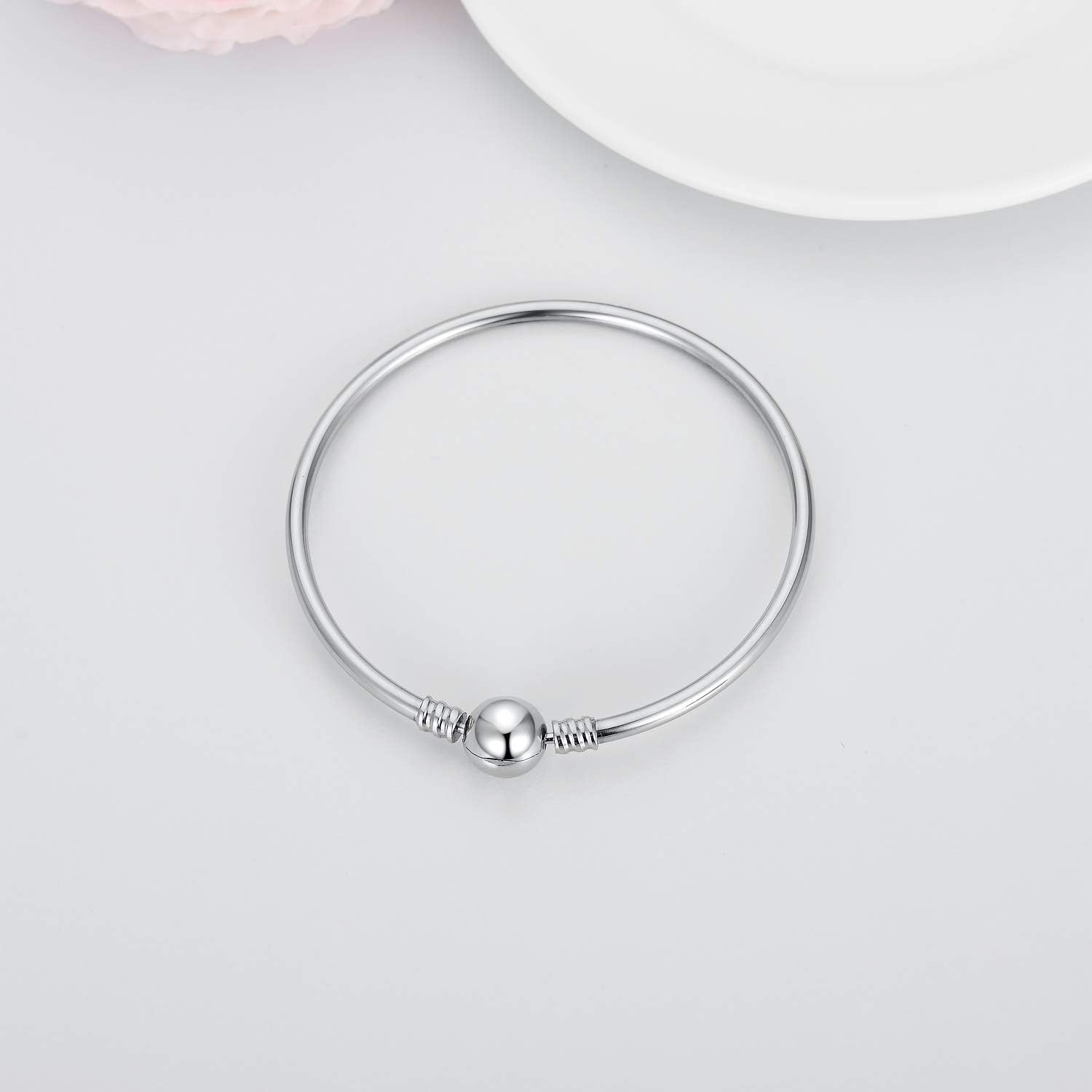 LONAGO Jewelry Moments Bangle Charm Bracelet 925 Sterling Silver Chain Bracelet Snap Clasp Fit Snake Charm Bead Birthday Gift for Women Mom