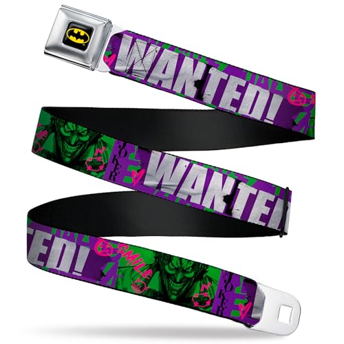 DC Comics Belt, Seatbelt Buckle Belt, The Joker Wanted Smiling Pose and Graffiti Purples Greens, Youth 20 to 36 Inches