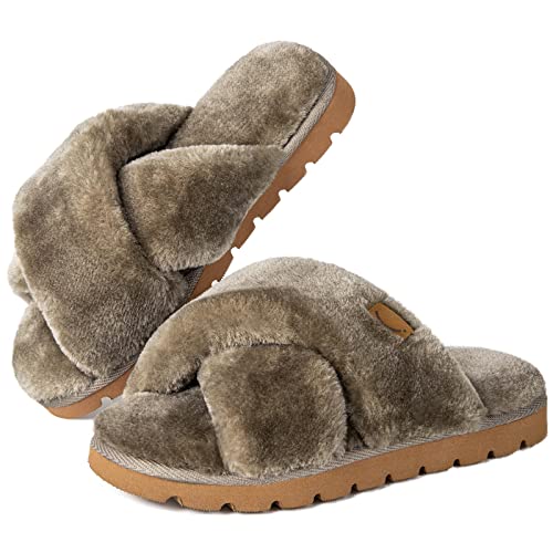 HomeTop Women's Fluffy Faux Fur Premium Cross Band Open-toe Slippers Ladies' Indoor Outdoor Antislip Slides Tan, 7-8 UK